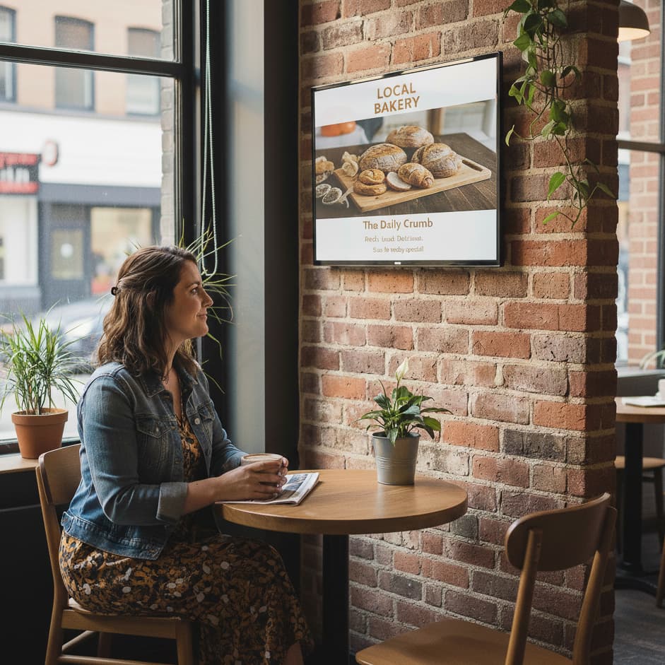 Customer viewing digital advertising screen displaying Local Bakery ad at café